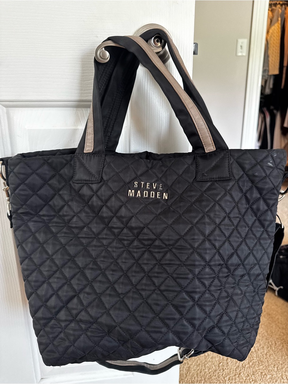 Steve Madden Black Quilted Tote with Tan-Trim Handles
